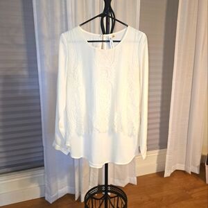 NY Collection Blouse Women's Med White Long Sleeve with Lace Overlay